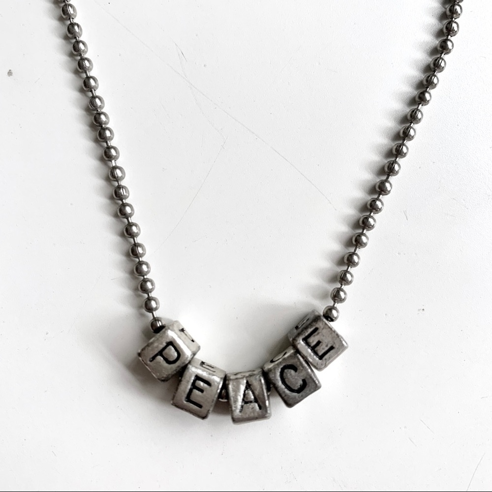 Silver Peace Letter Block Necklace Ball Chain Y2K 90s Grunge Hippie Boho Twee